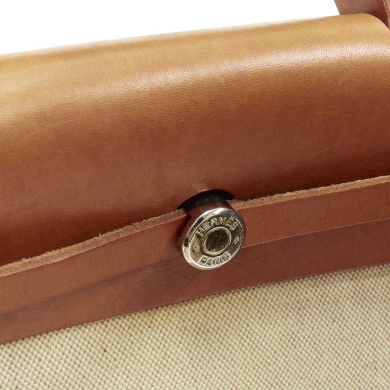HERMES Herbag MM beige Toile coated canvas brown leather PHW 2-in-1 bag For Sale 2