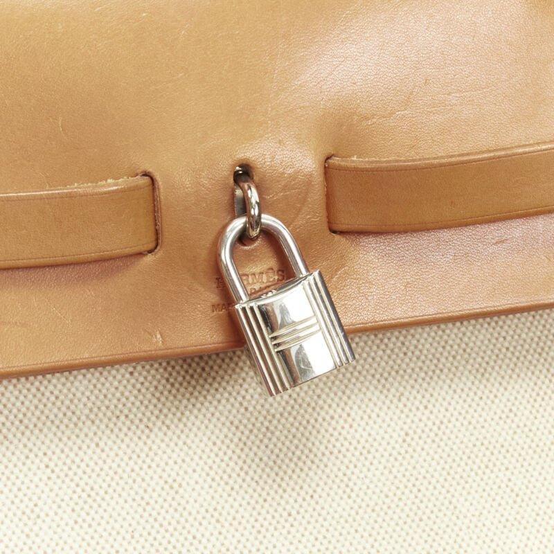 HERMES Herbag MM beige Toile coated canvas brown leather PHW 2-in-1 bag For Sale 3