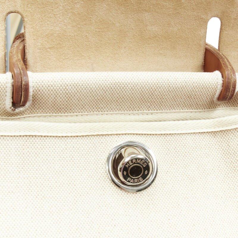 HERMES Herbag MM beige Toile coated canvas brown leather PHW 2-in-1 bag For Sale 4