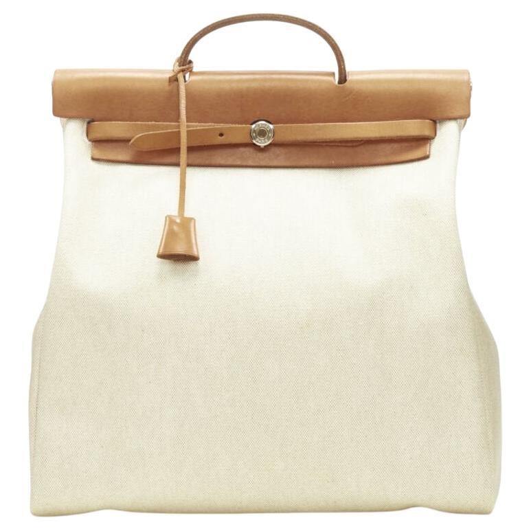 HERMES Herbag MM beige Toile coated canvas brown leather PHW 2-in-1 bag
