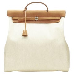 HERMES Herbag MM beige Toile coated canvas brown leather PHW 2-in-1 bag