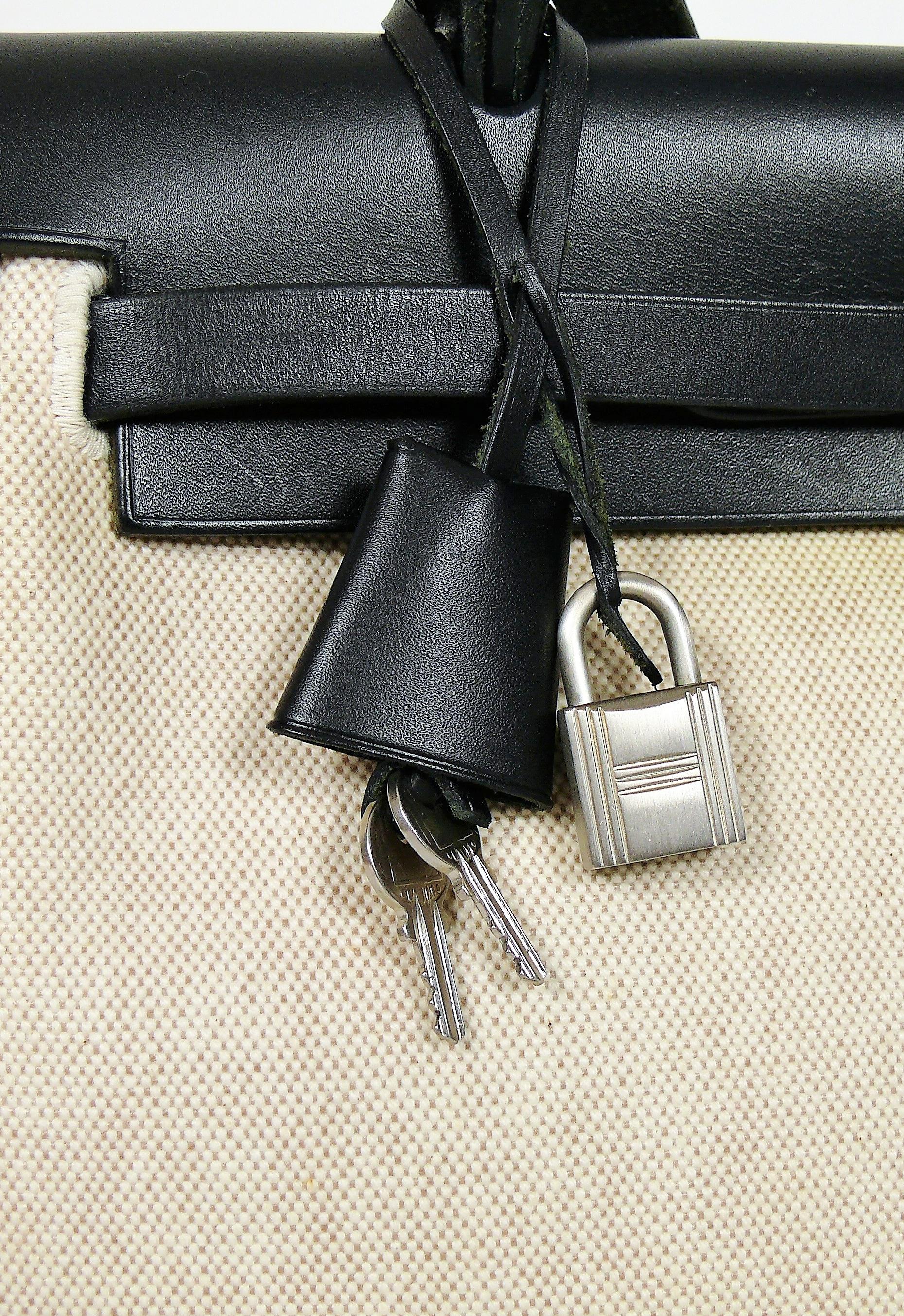 Beige Hermes Herbag PM 2 in 1 Canvas Black Leather Shoulder Bag
