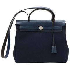 Hermes Herbag PM 2 in 1 Canvas Blue Leather Shoulder Bag