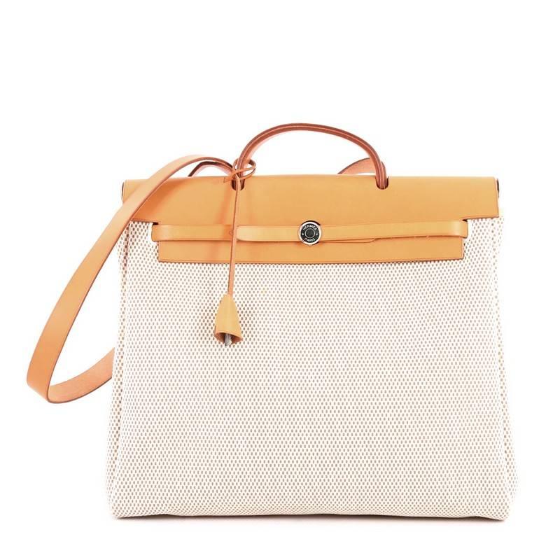 White Hermes Herbag Toile and Leather MM