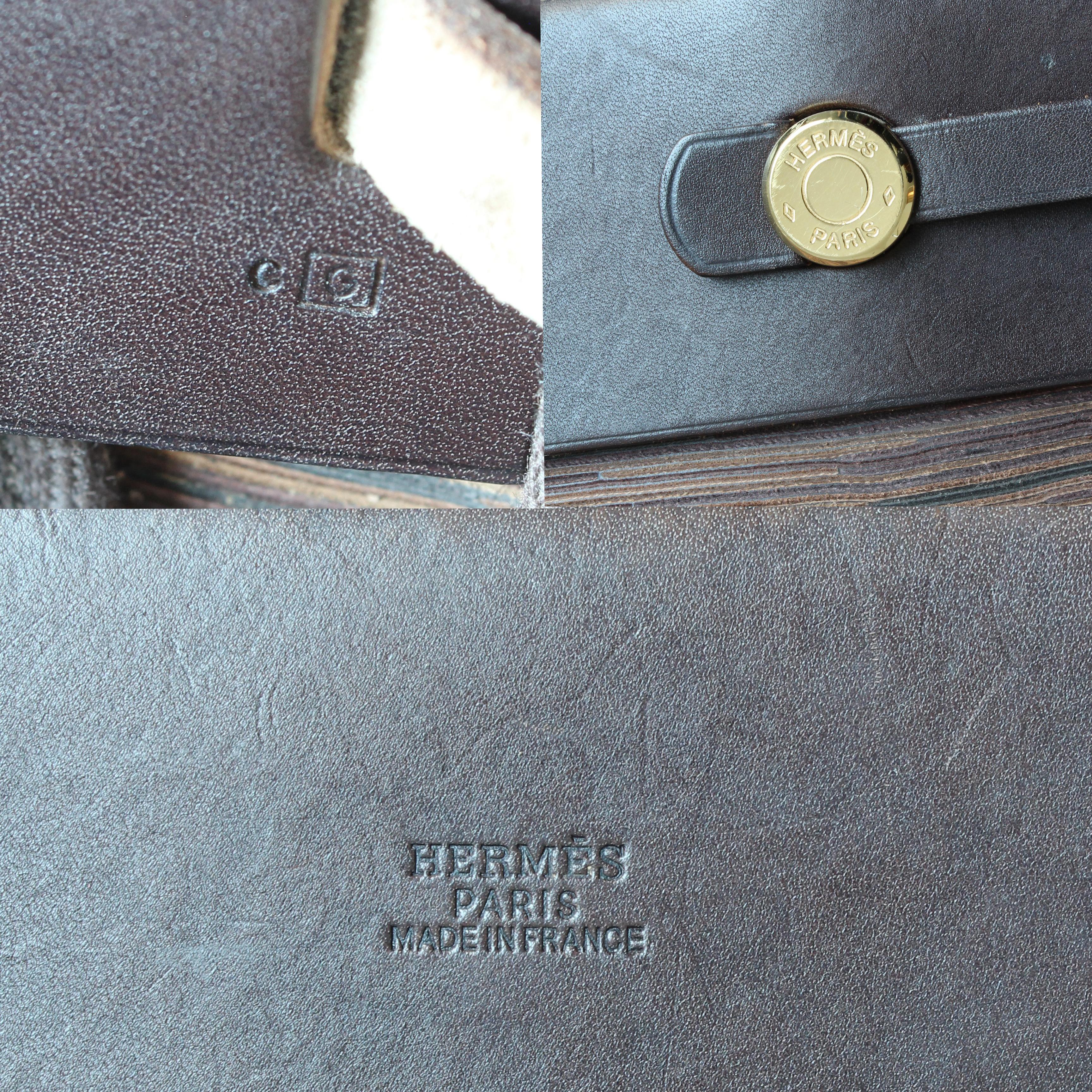 Hermes Herbag Tote Bag Cabas PM Brown Vibrato Leather & Canvas 2-In-1 Bag HTF For Sale 8