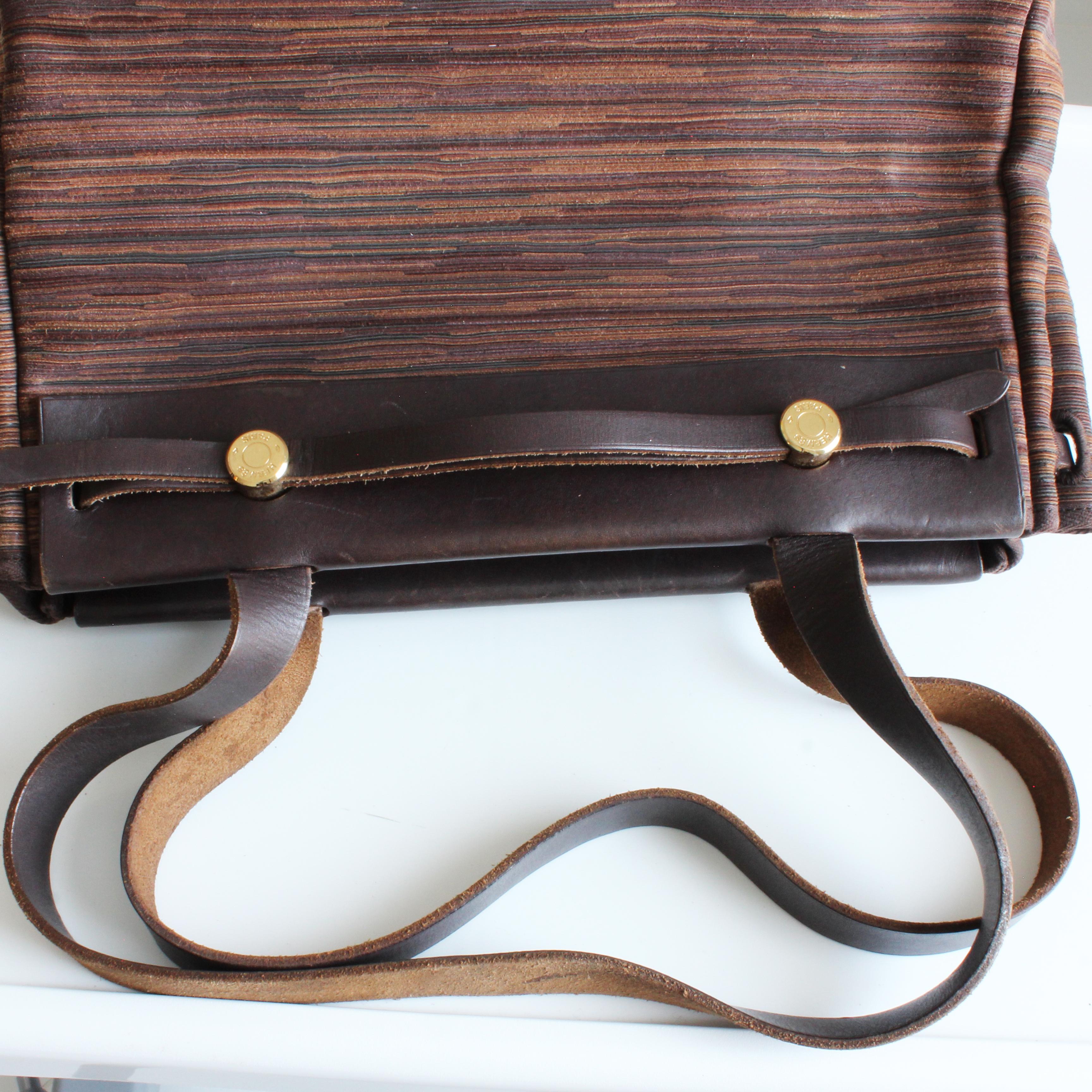Hermes Herbag Tote Bag Cabas PM Brown Vibrato Leather & Canvas 2-In-1 Bag HTF For Sale 10