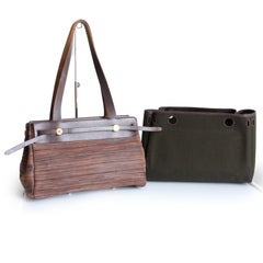 Hermes Herbag Tote Bag Cabas PM Brown Vibrato Leather & Canvas 2-In-1 Bag HTF