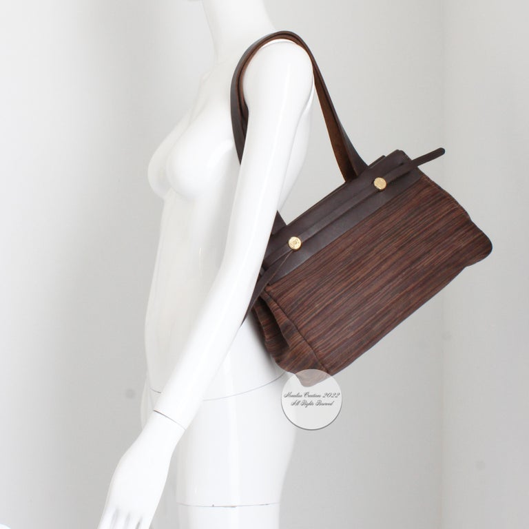 Hermes Herbag Tote Bag Cabas PM Brown Vibrato Leather and Canvas 2-In-1 Bag  HTF For Sale at 1stDibs