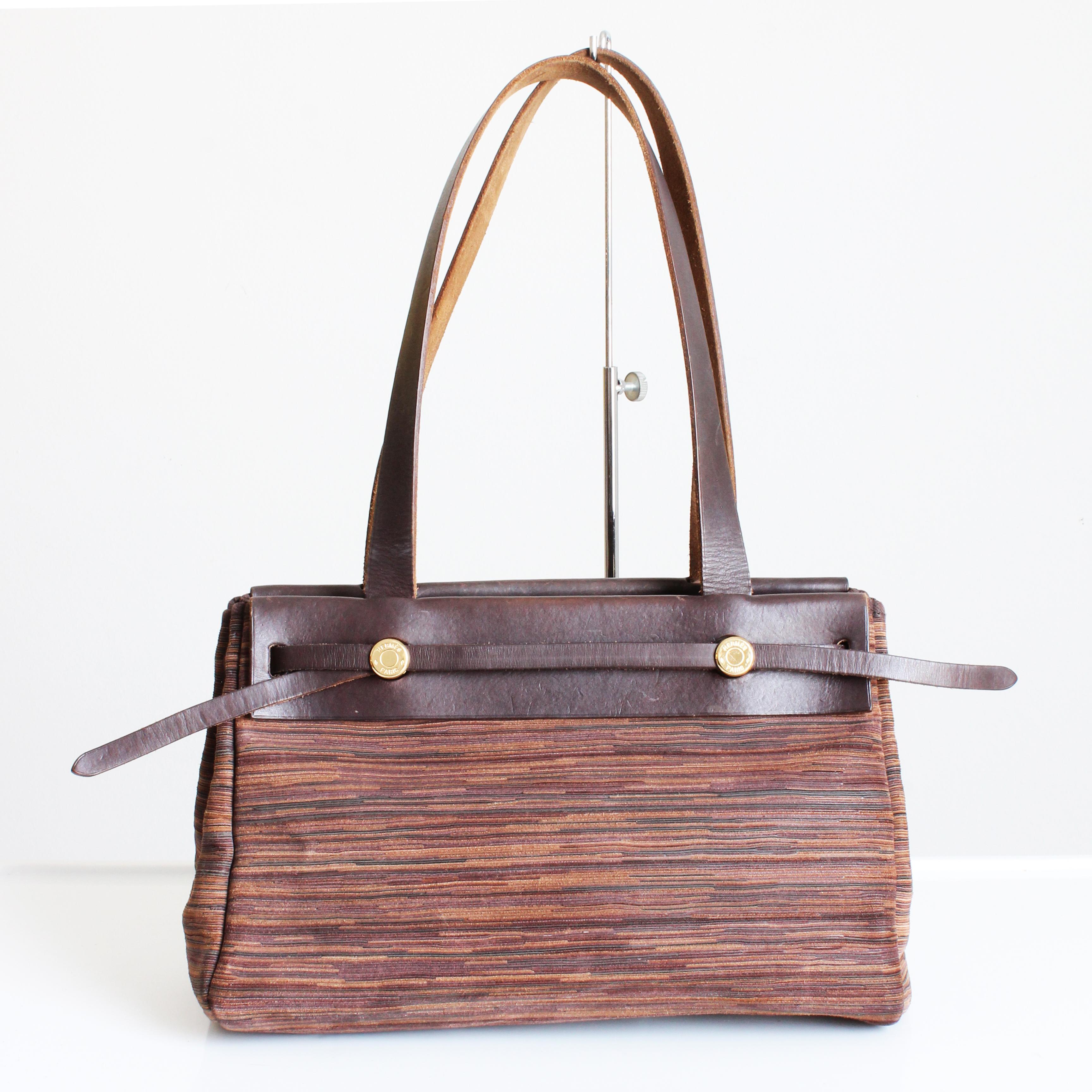 Hermes Herbag Tote Bag Cabas PM Brown Vibrato Leather & Canvas 2-In-1 Bag HTF In Good Condition For Sale In Port Saint Lucie, FL