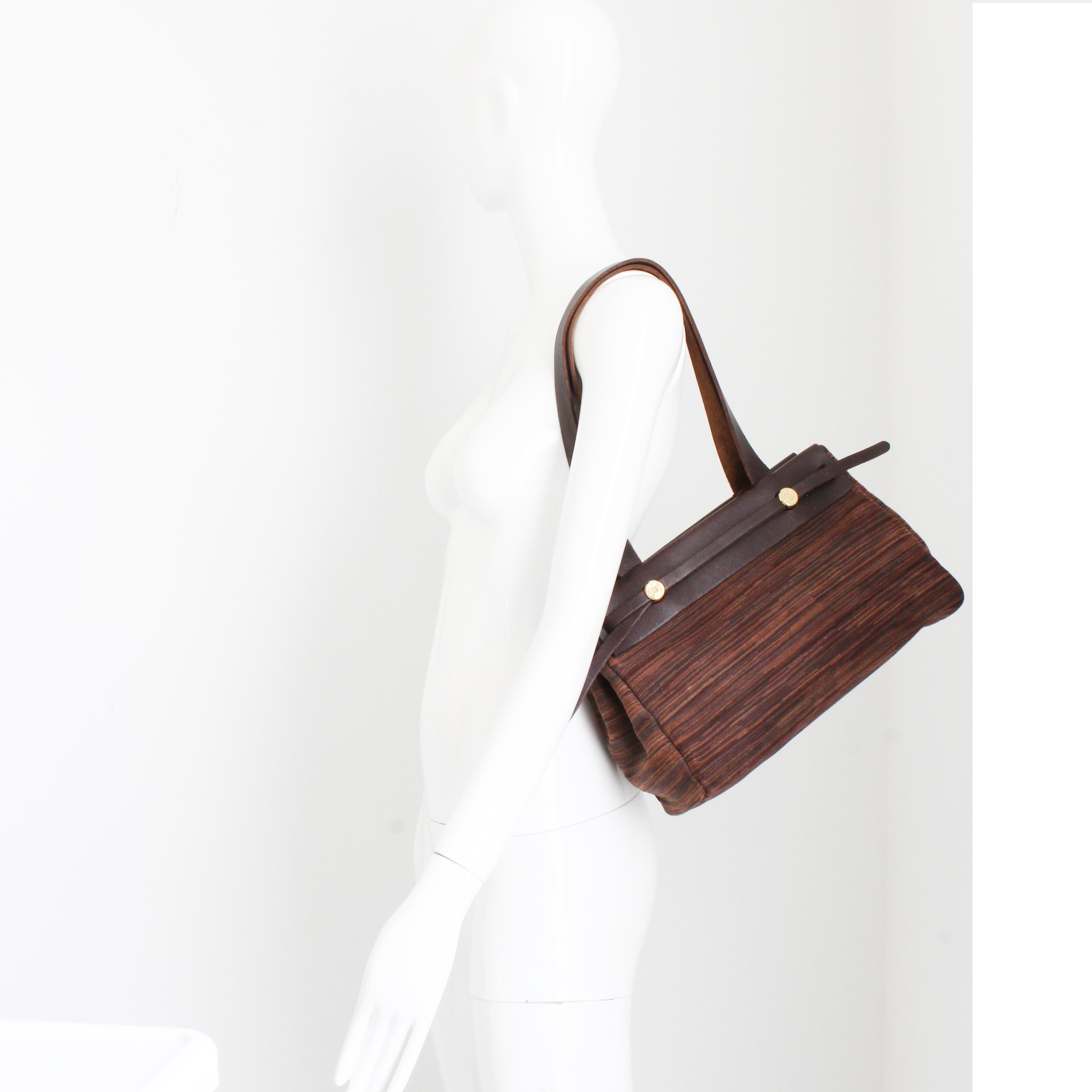 Women's or Men's Hermes Herbag Tote Bag Cabas PM Brown Vibrato Leather & Canvas 2-In-1 Bag HTF For Sale