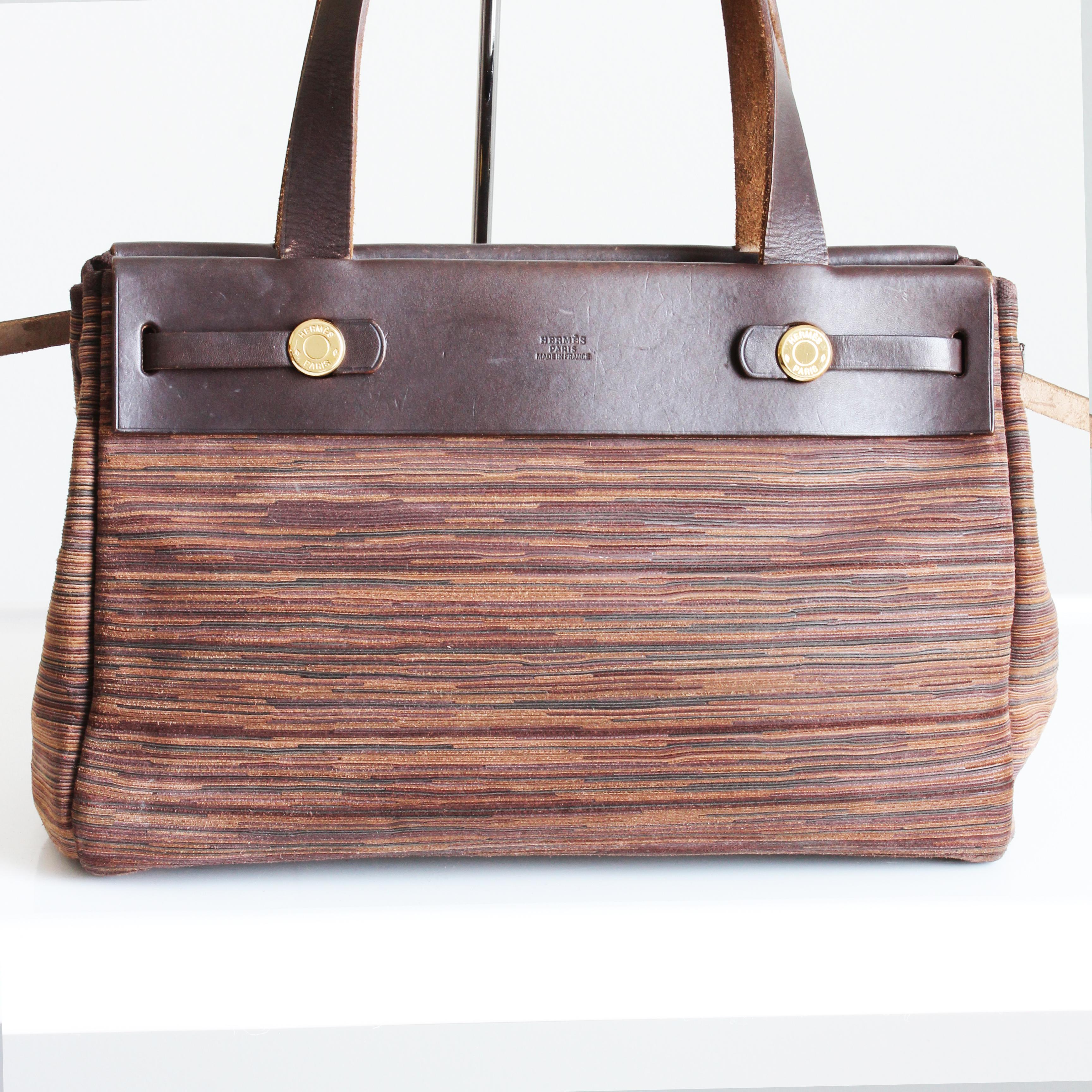Hermes Herbag Tote Bag Cabas PM Brown Vibrato Leather & Canvas 2-In-1 Bag HTF For Sale 4