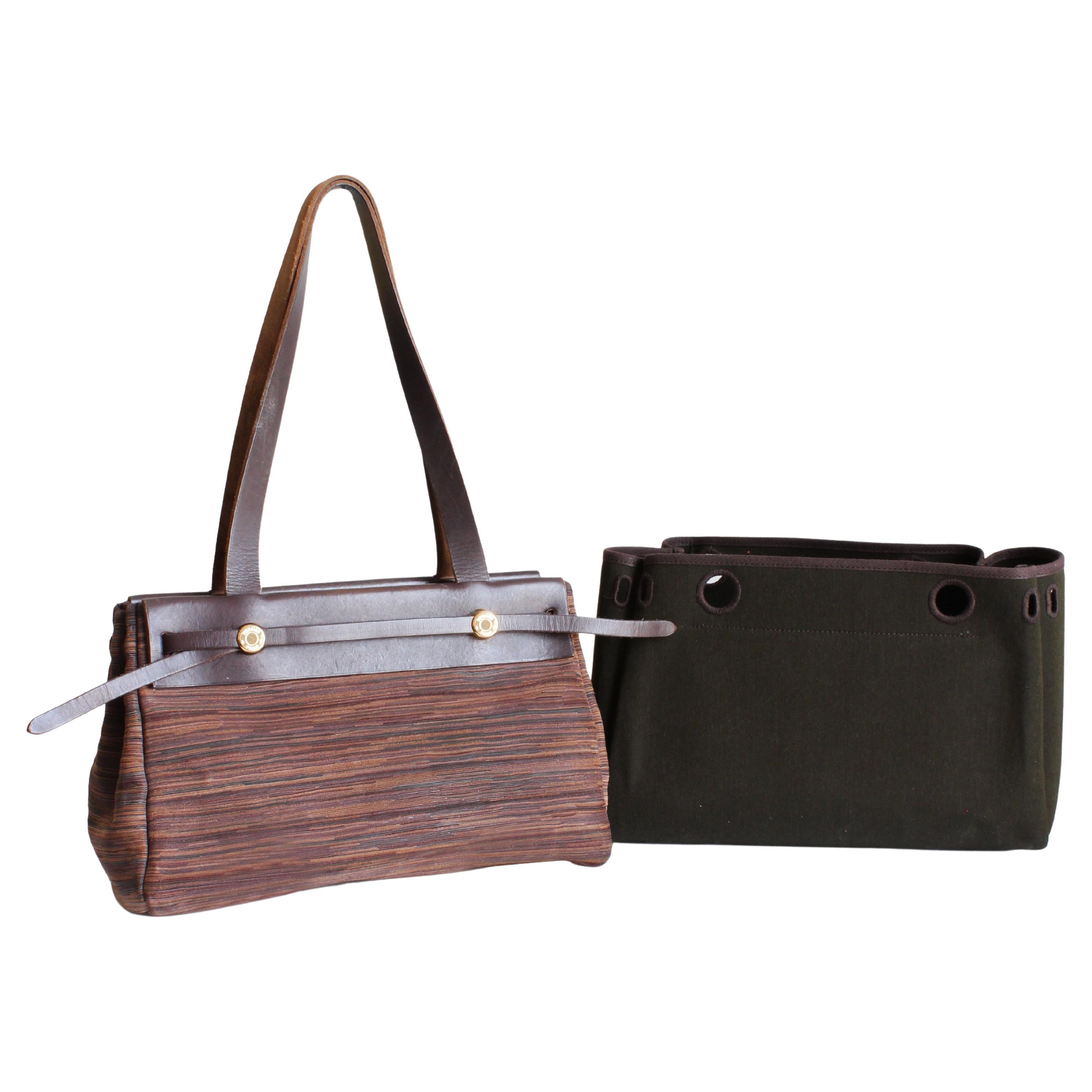 Hermes Herbag Tote Bag Cabas PM Brown Vibrato Leather & Canvas 2-In-1 Bag HTF For Sale