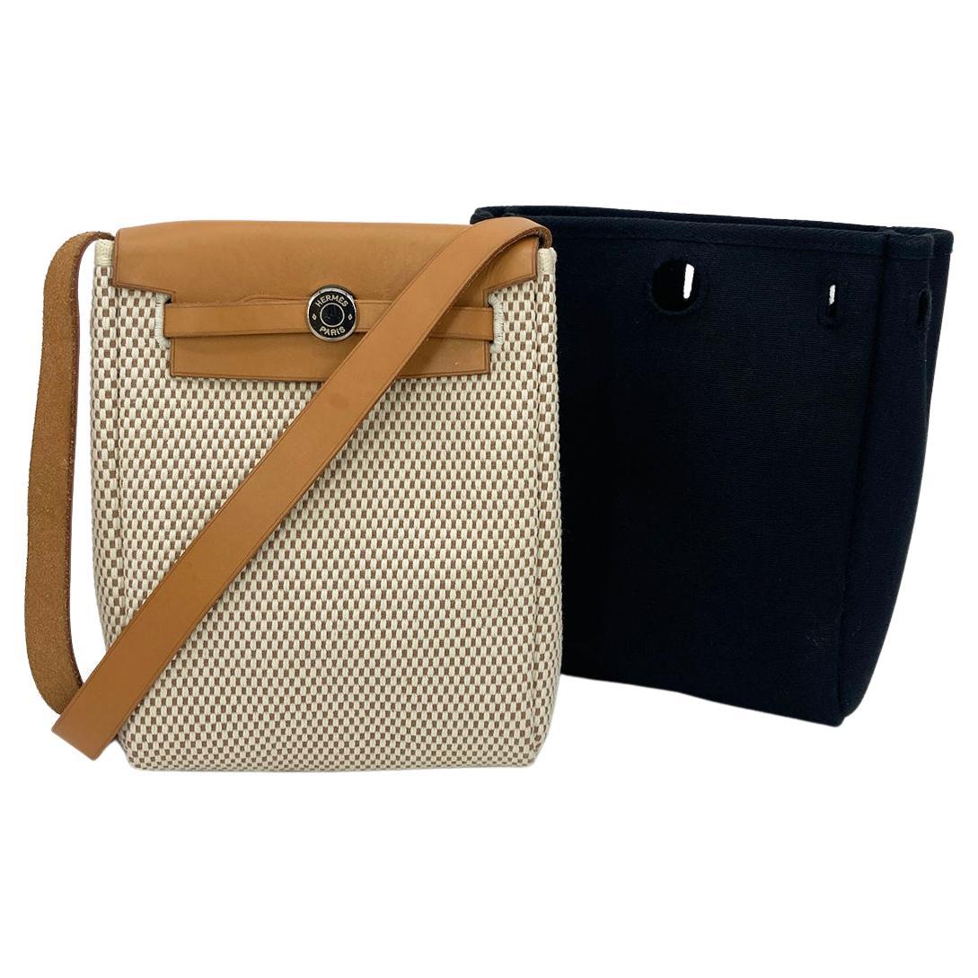Hermes Herbag Tpm Mini Black and Beige Sangles Canvas For Sale