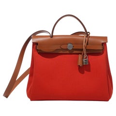 Hermès Herbag Cremallera 31  Fauve Vache y Naranja Mecano Toile PM Palladium Hardware