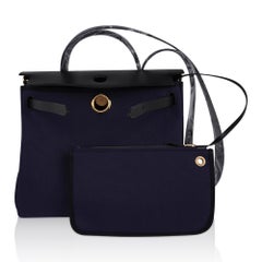 Hermes Herbag Zip 31 Blue Indigo Toile Black Vache Hunter Gold Hardware