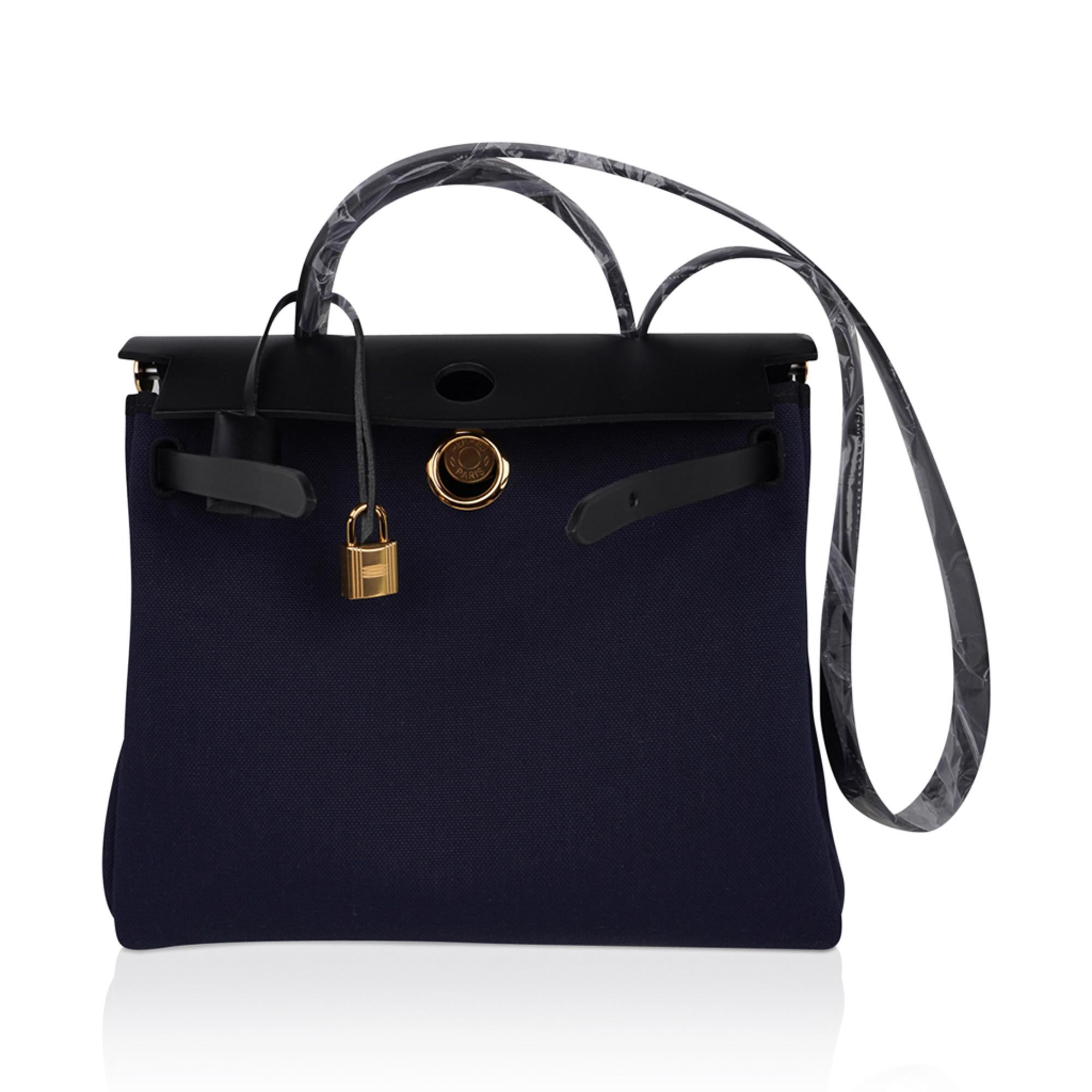 Women's Hermes Herbag Zip 31 Blue Indigo Toile Black Vache Hunter Gold Hardware
