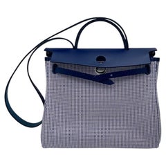 Hermes Herbag Zip 31 Quadrille Viking Canvas Blue Saphir Palladium Stamp Z