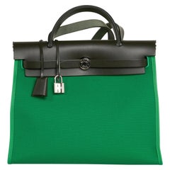 Hermes Herbag Bambus Reißverschluss PM 31 Toile / Vache Hunter Leder Neu mit Box
