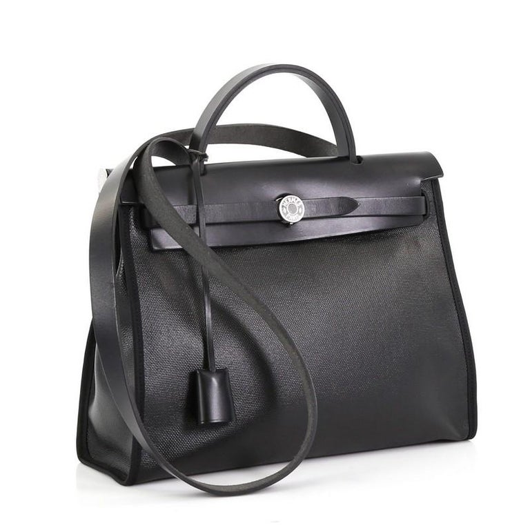 Hermès BAG HERMES HERBAG 31 Black White Grey Light brown Silver hardware  Dark purple Leather Cloth ref.903422 - Joli Closet