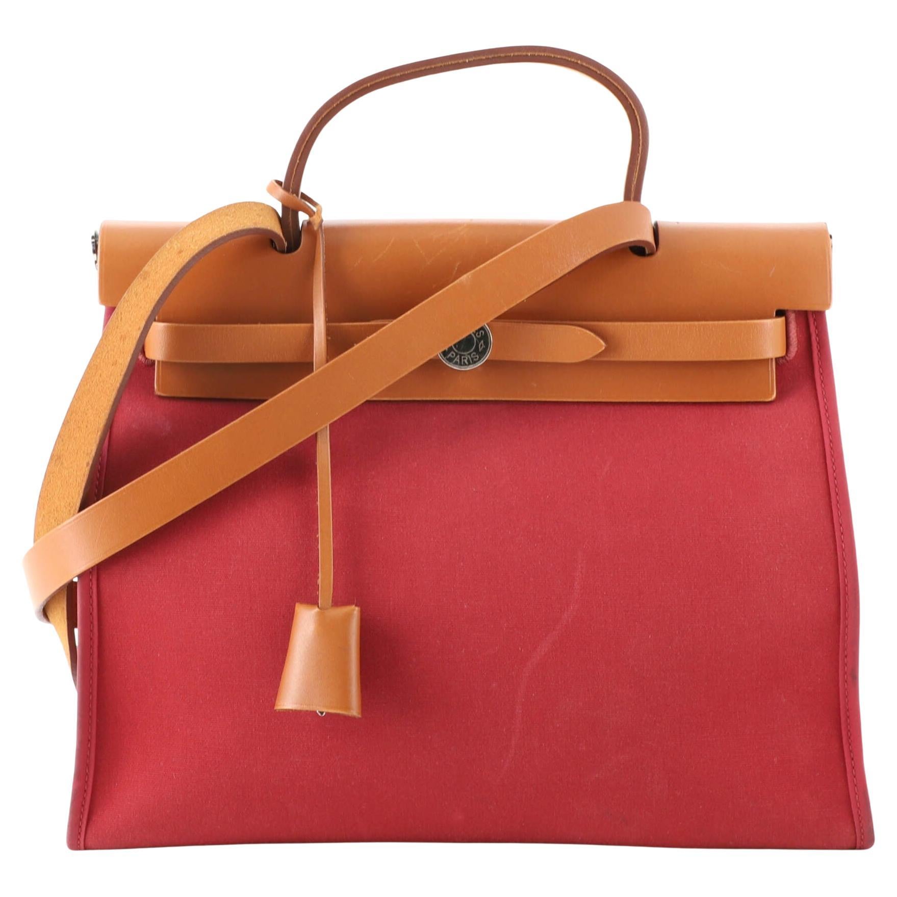 Hermes Red Canvas and Natural Calfskin Leather Herbag Zip PM Bag