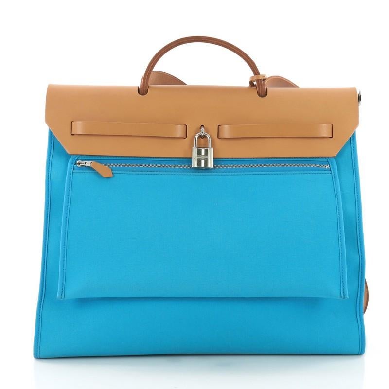 Blue Hermes Herbag Zip Leather and Toile 39
