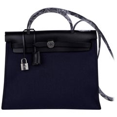 Hermes Herbag Zip Navy on Black 31 Militaire Canvas / Vache Hunter Leather