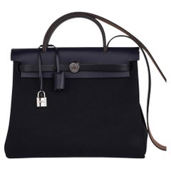 Hermes Herbag Zip Retourne 31 Schwarz Toile / Blau Indigo Vache Hunter Palladium