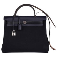 Hermes Herbag Zip Retourne 31 Black Toile / Blue Indigo Vache Hunter Palladium