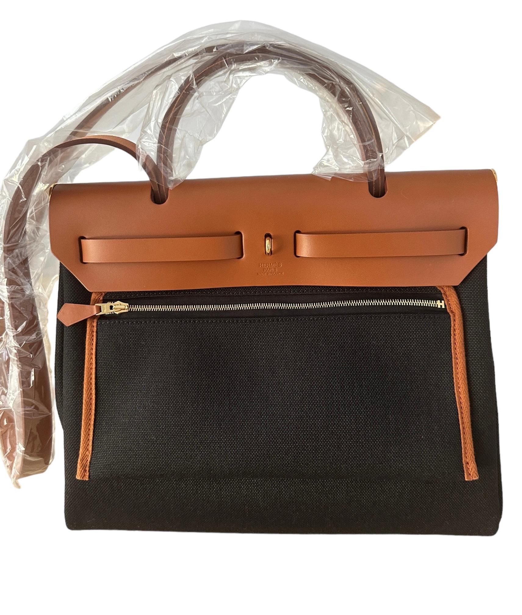Hermès Herbag Zip Retourne 31 Noir Toile Fauve Naturel Vache New 9