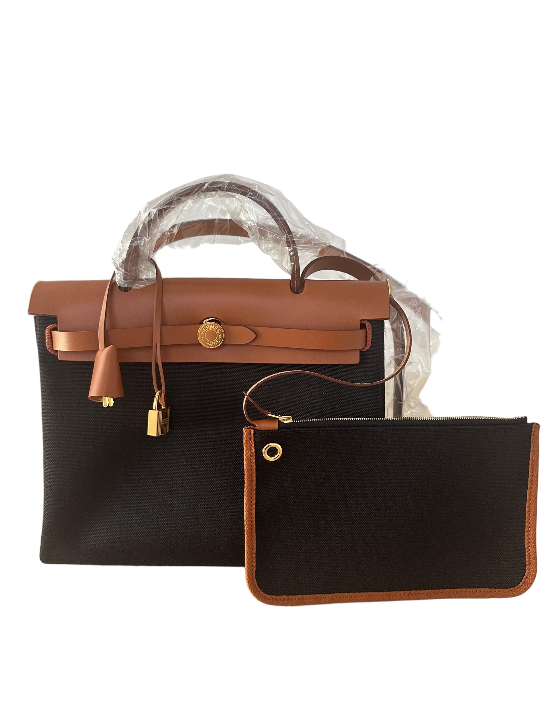 Hermès Herbag Zip Retourne 31 Noir Toile Fauve Naturel Vache New 11