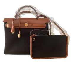 Hermès Herbag Zip Retourne 31 Noir Toile Fauve Naturel Vache New
