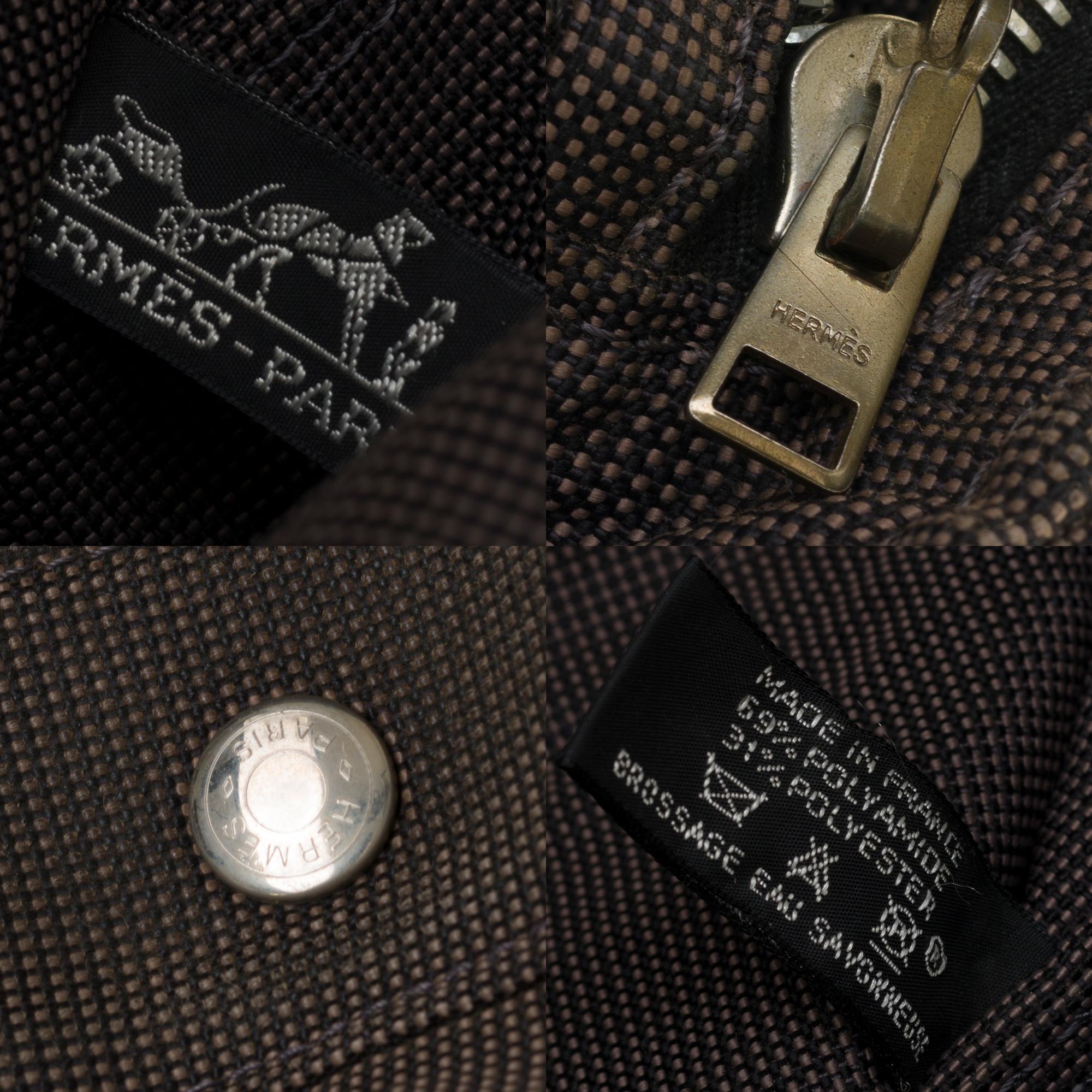 Black Hermès Herline Backpack in bronze canvas, silver metal hardware