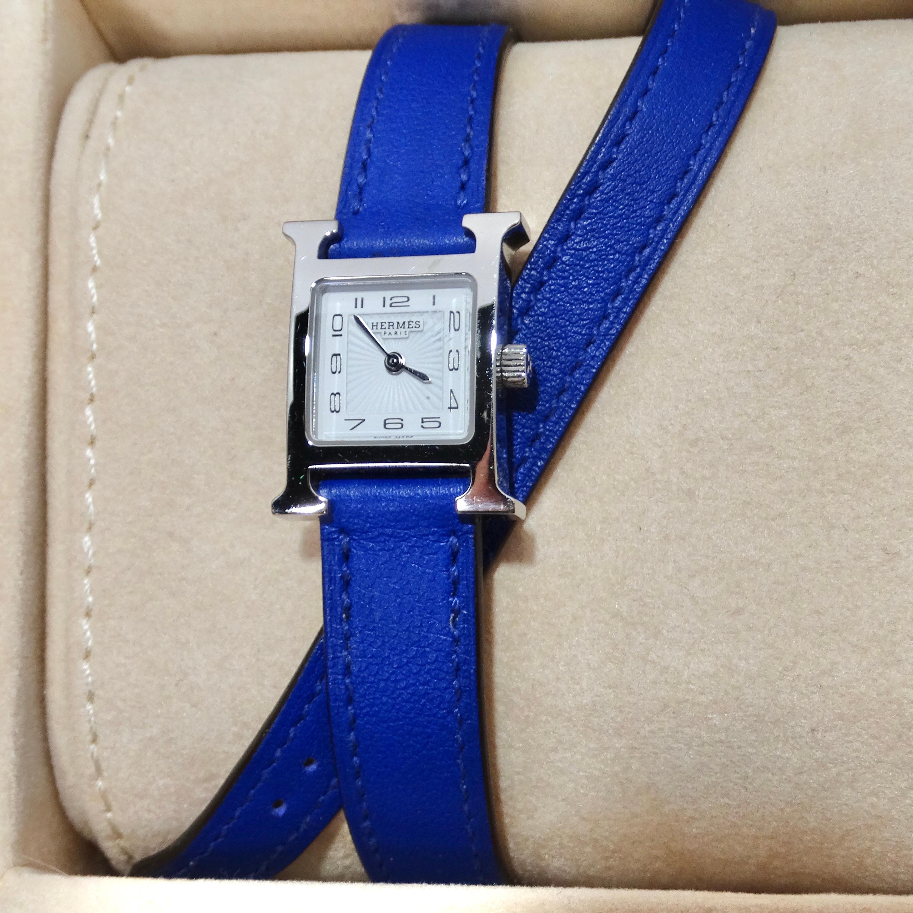 Hermes Heure H Hour Double Tour Quartz Watch Bleu Electrique In Excellent Condition For Sale In Scottsdale, AZ