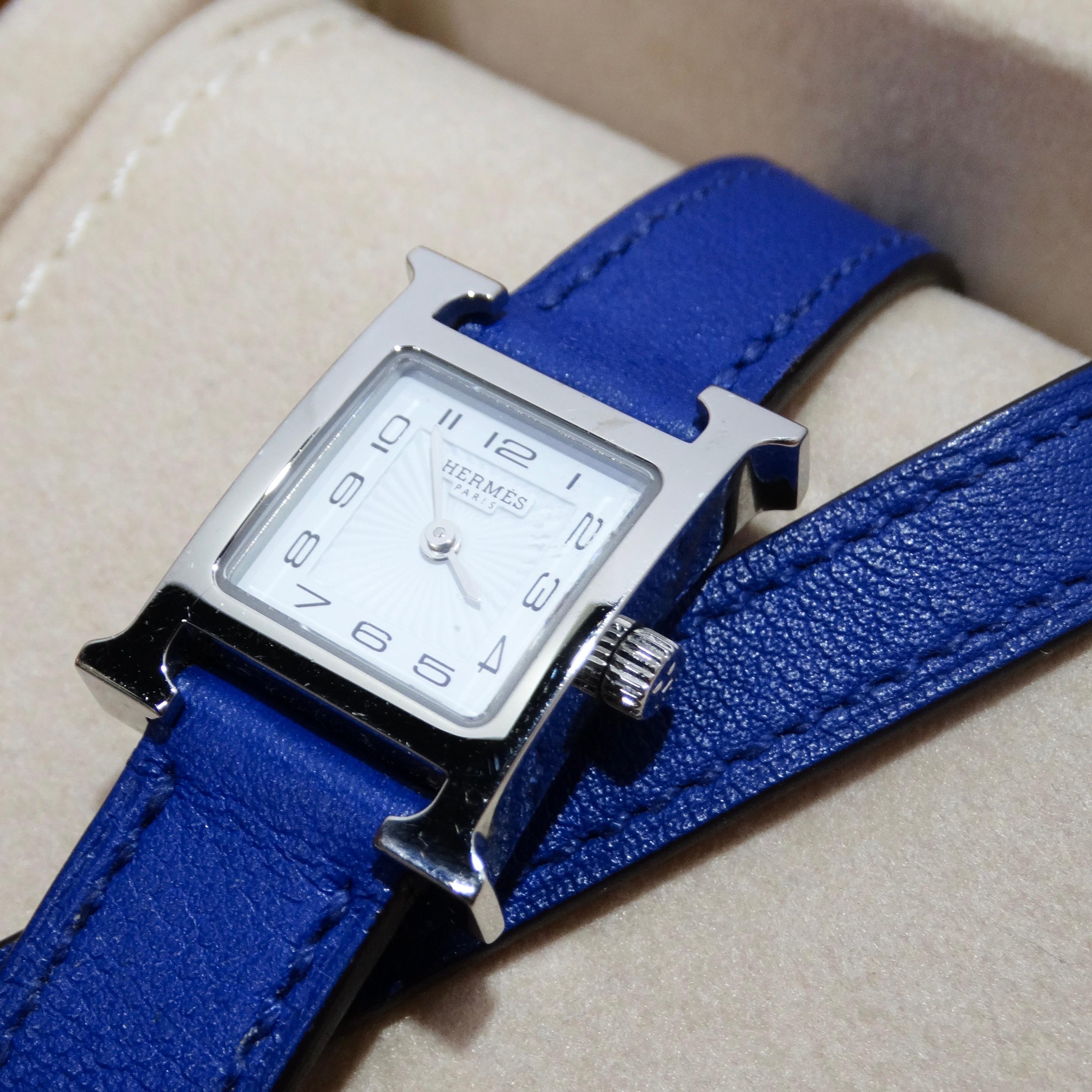Women's or Men's Hermes Heure H Hour Double Tour Quartz Watch Bleu Electrique For Sale