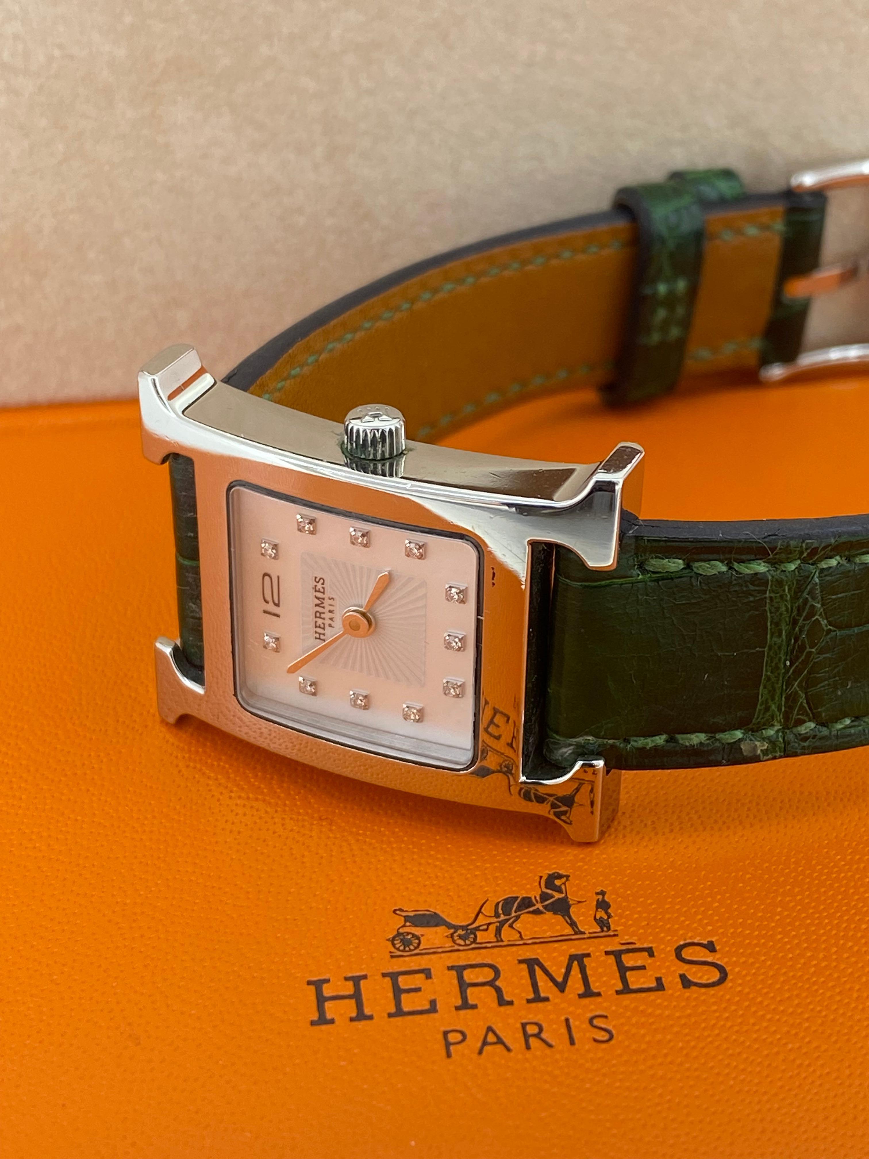Hermes Heure H S/Stahl & Diamant Perlmutt-Zifferblatt Damenuhr, ref HI 210. (Antiker Kissenschliff)