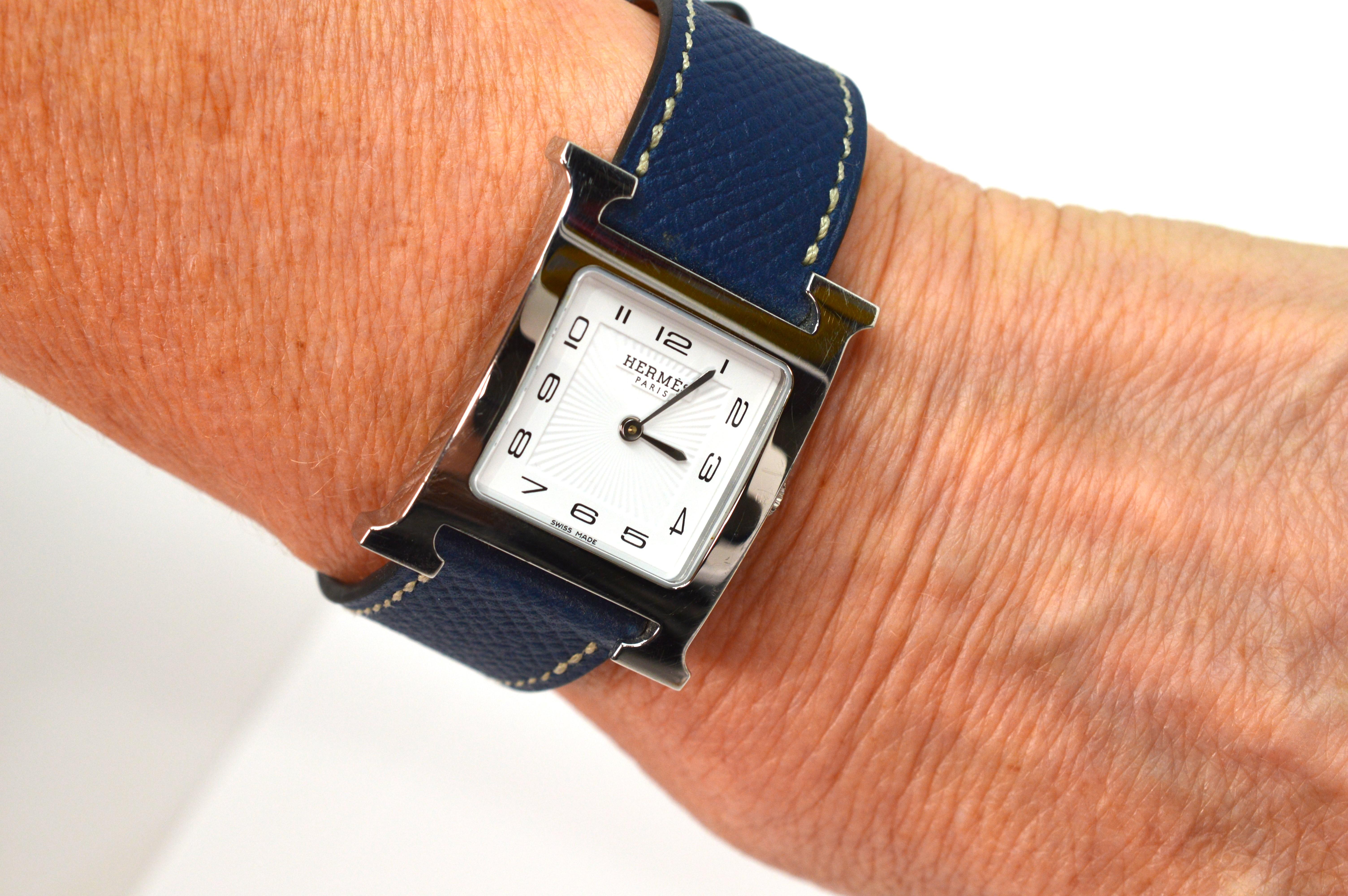 Hermes Heure H Stainless Steel Wrist Watch w Blue Jean Leather Strap For Sale 3