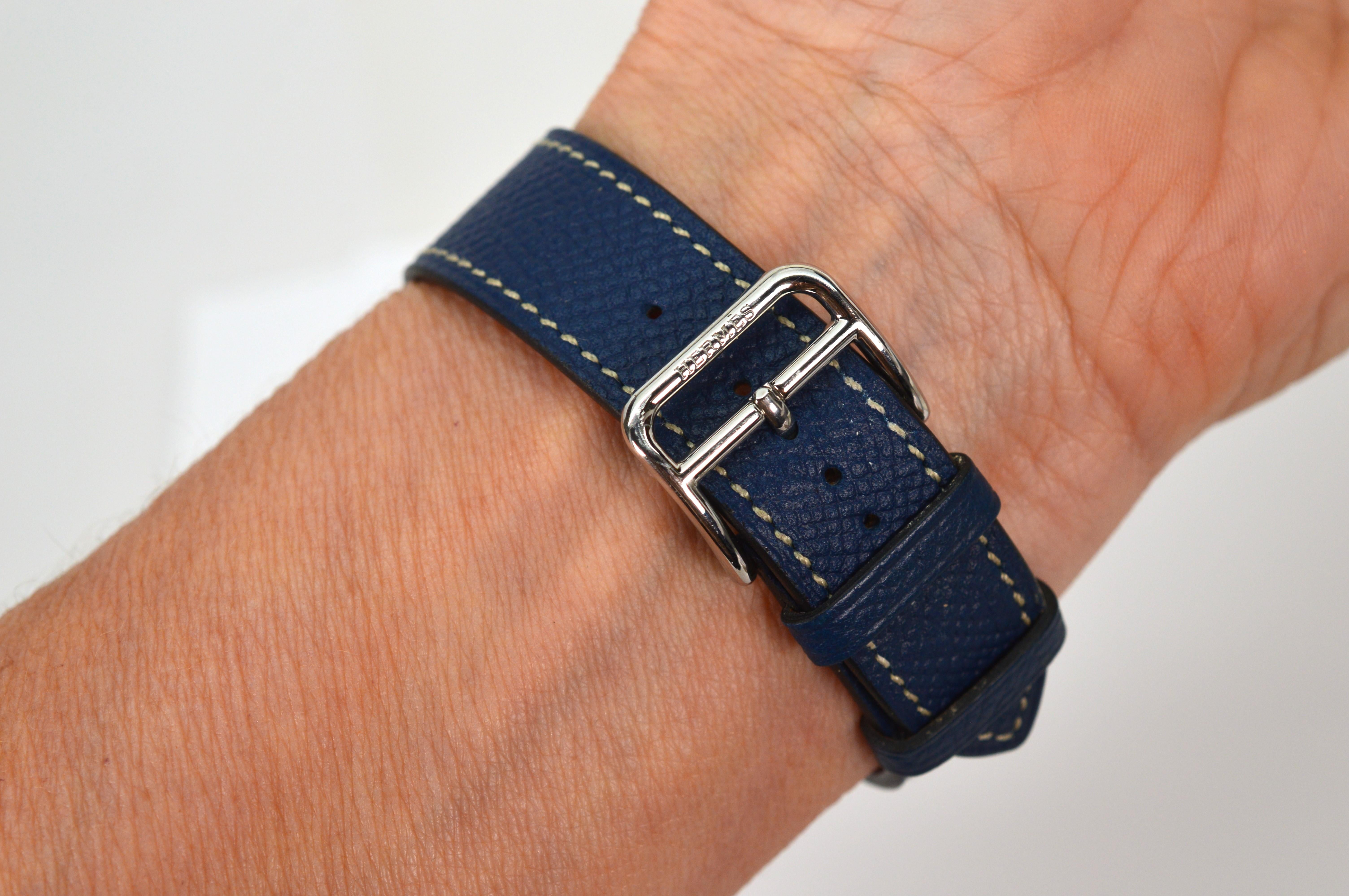 Hermes Heure H Edelstahl-Armbanduhr mit blauem Jean-Lederarmband im Angebot 7