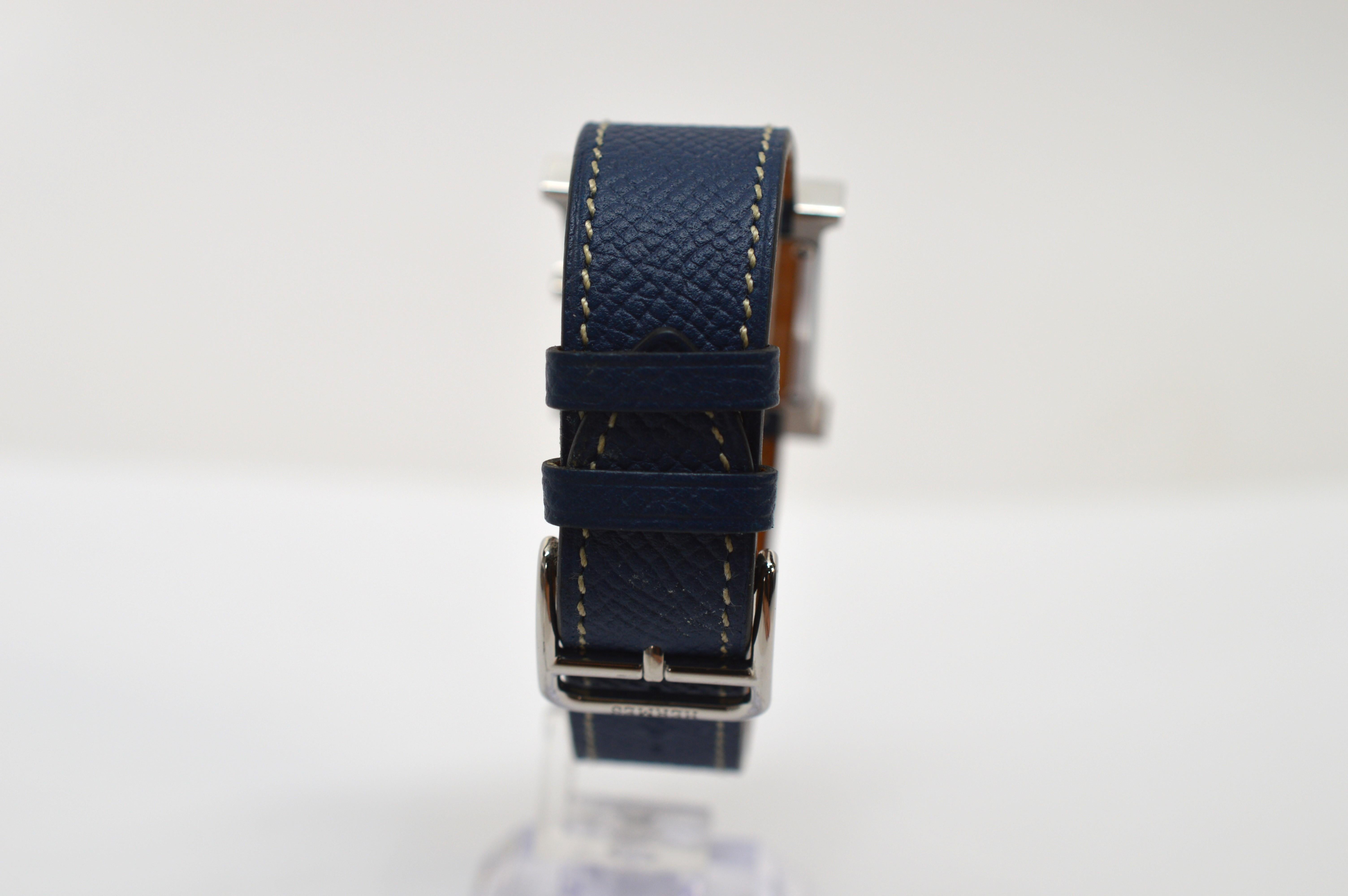 Hermes Heure H Stainless Steel Wrist Watch w Blue Jean Leather Strap For Sale 5