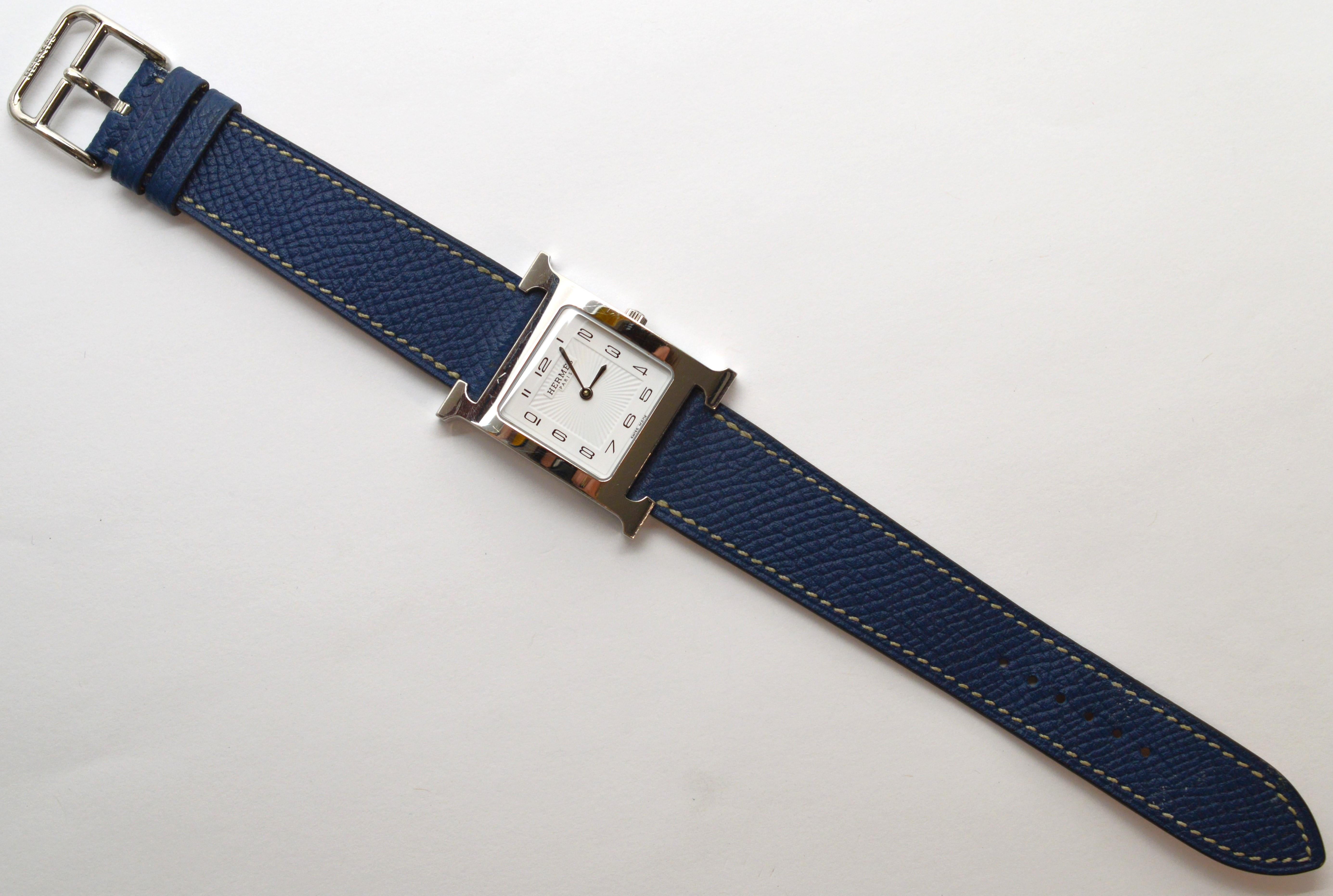 Hermes Heure H Stainless Steel Wrist Watch w Blue Jean Leather Strap For Sale 6