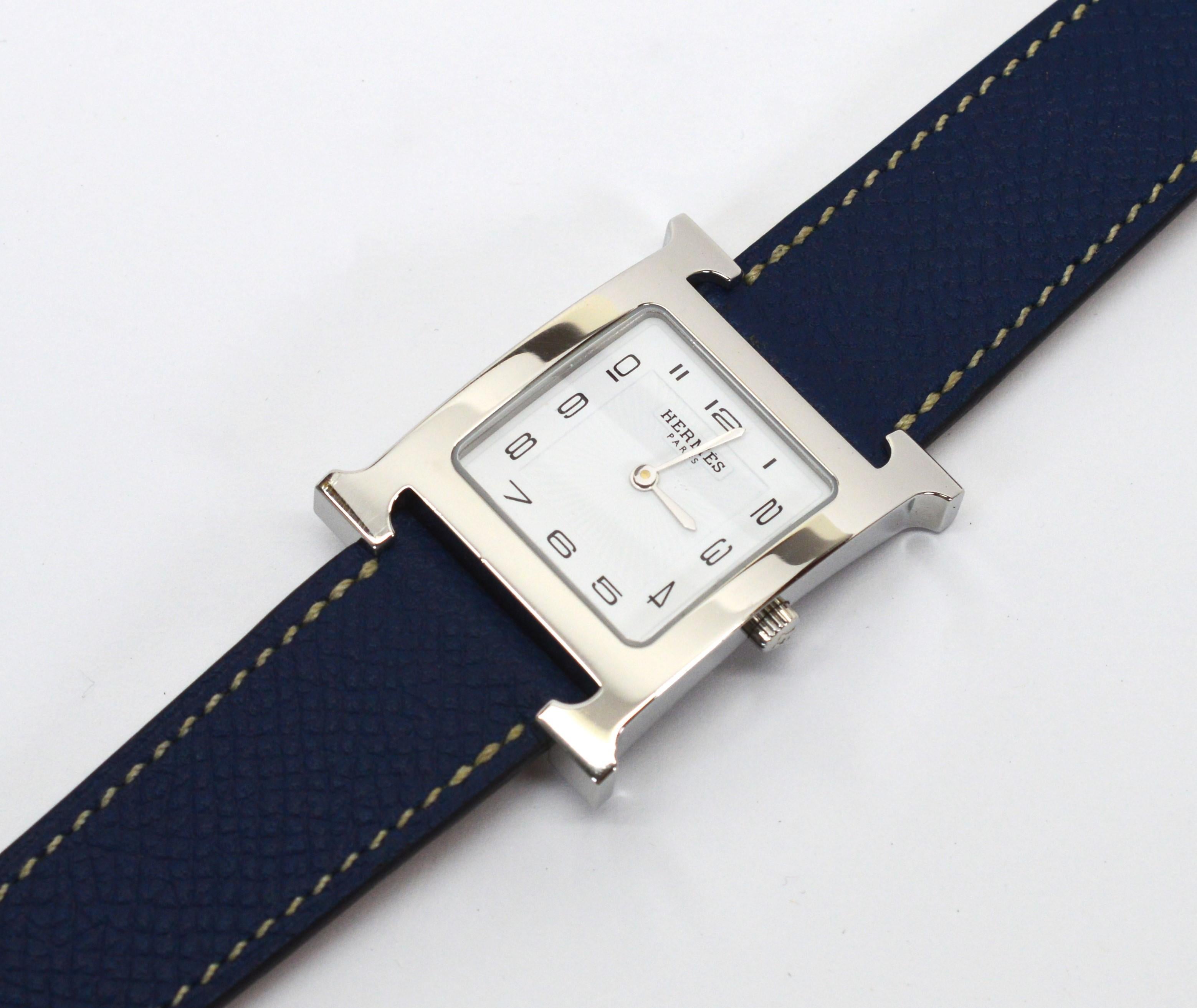 Montre-bracelet Hermes Heure H en acier inoxydable avec bracelet en cuir bleu Jean en vente 12