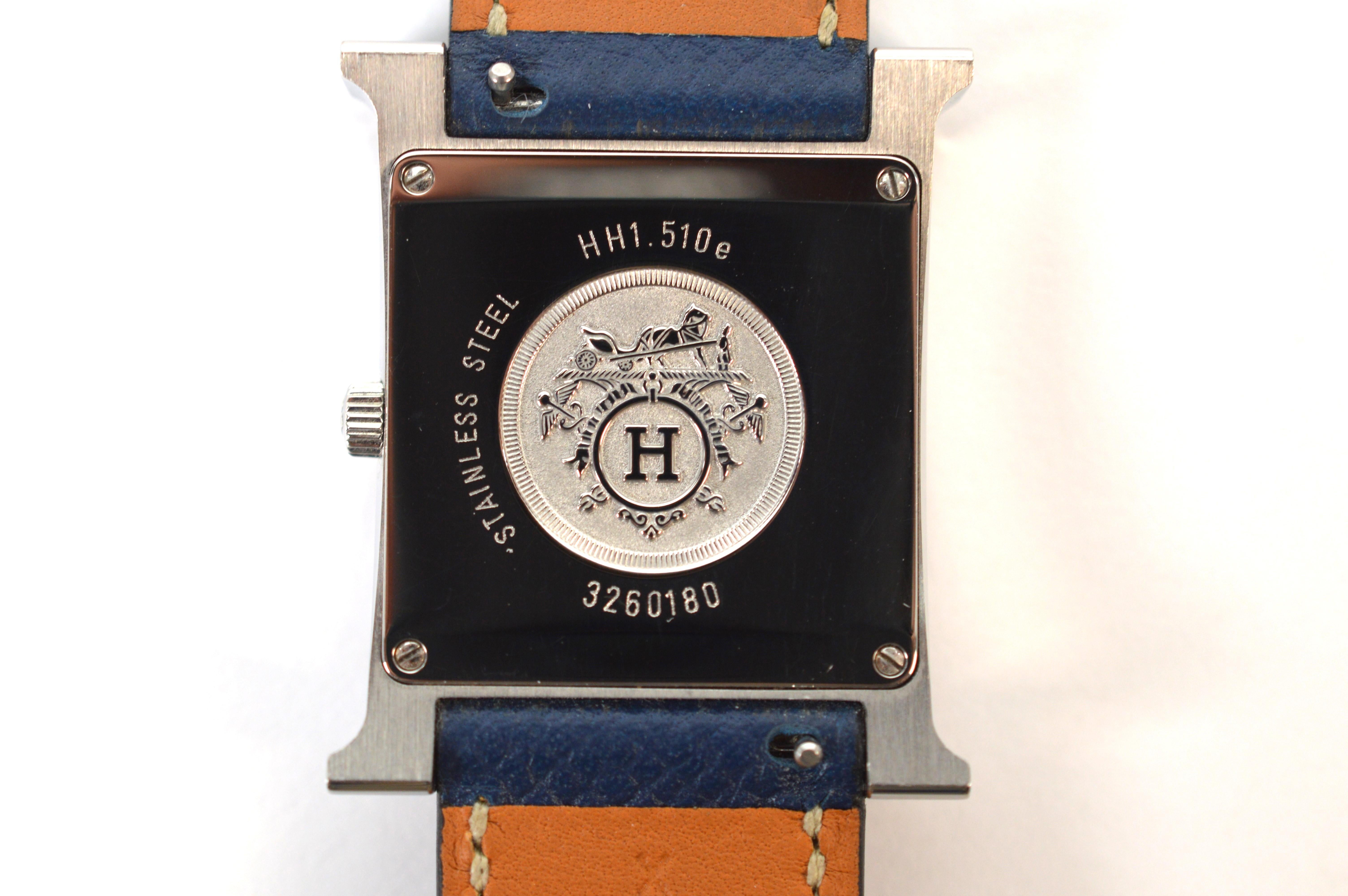 Hermes Heure H Stainless Steel Wrist Watch w Blue Jean Leather Strap In Good Condition For Sale In Mount Kisco, NY