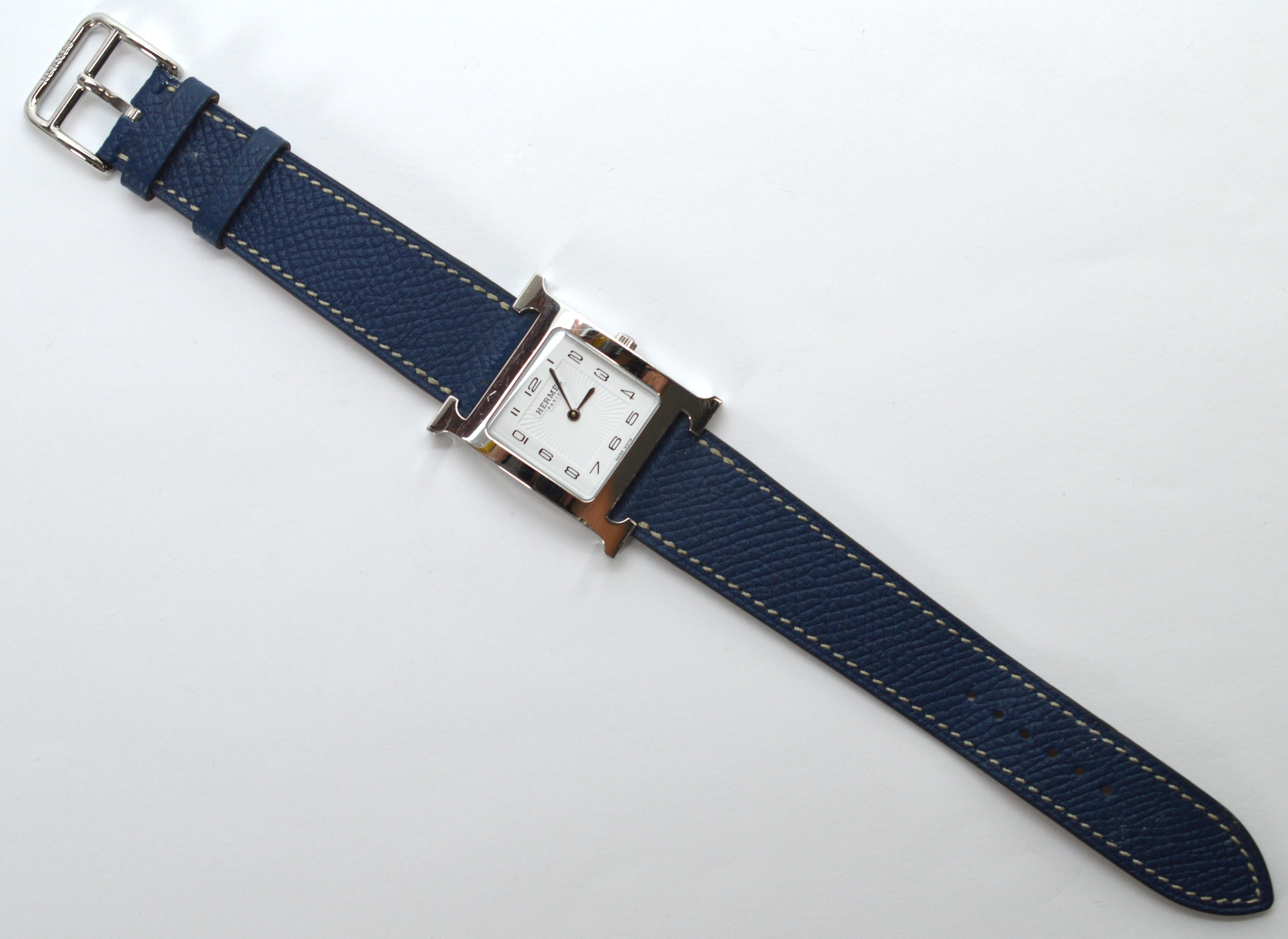 Women's Hermes Heure H Stainless Steel Wrist Watch w Blue Jean Leather Strap For Sale