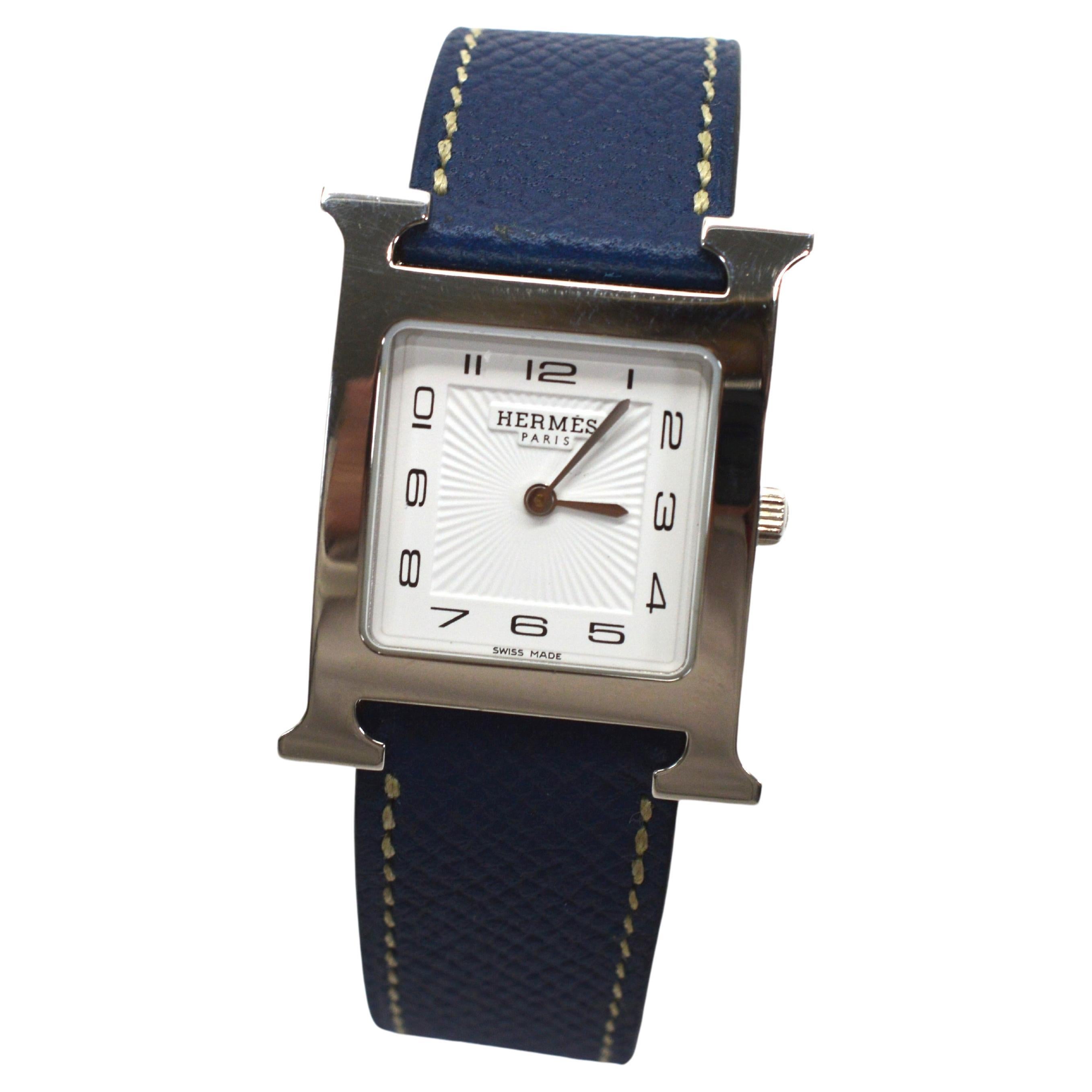 Hermes Heure H Stainless Steel Wrist Watch w Blue Jean Leather Strap For Sale