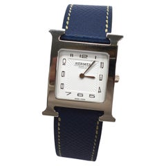 Hermes Heure H Stainless Steel Wrist Watch w Blue Jean Leather Strap