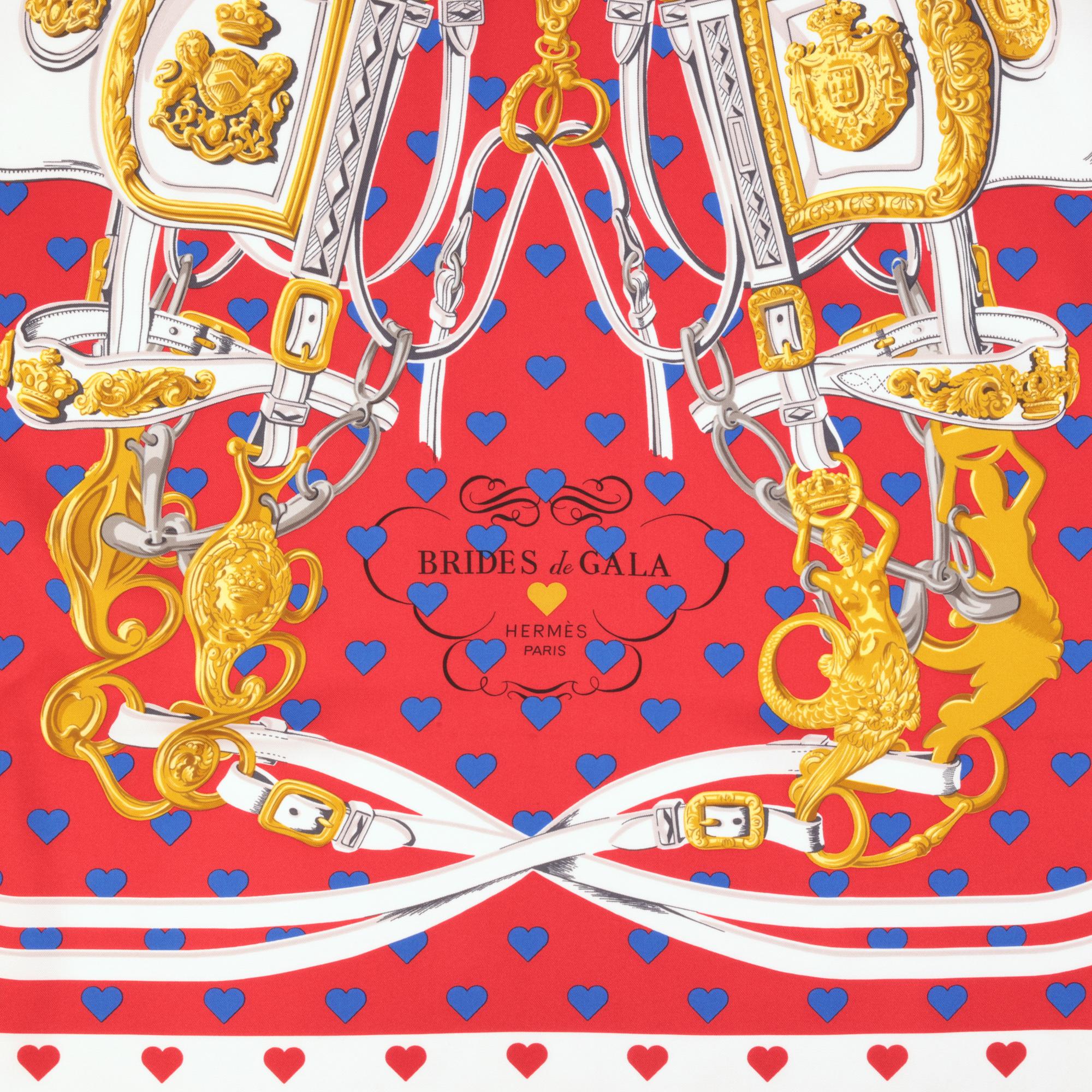 Hermès HG, Rouge Vif, Marine & B Écharpe en soie Bride De Gala Love 90 Excellent état - En vente à Bishop's Stortford, Hertfordshire