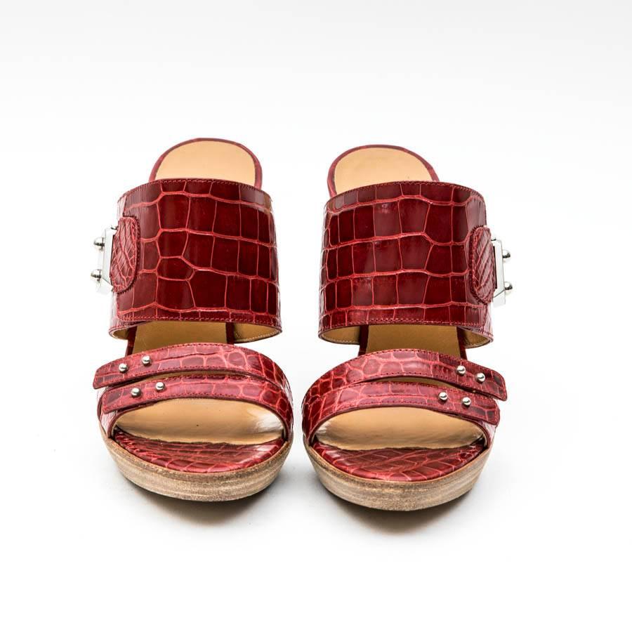 Hermès high heels mules in red alligator. Size 37. Silver metal parts. Genuine leather soles. 

Made in Italy.

In excellent condition.

Dimensions : Inner sole length 23.5 cm, heel height 10.5 cm, platform height 2 cm

will be delivered in their