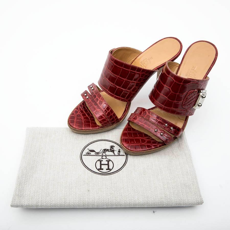 HERMÈS Mules à talons hauts en alligator rouge Taille 37FR en vente 3