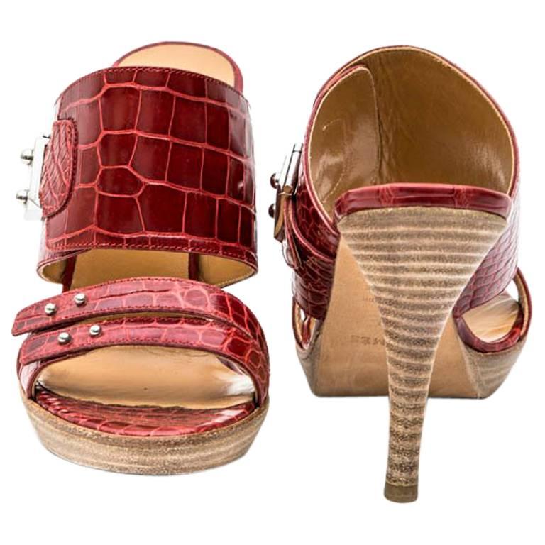 HERMES High Heels Mules in Red Alligator Size 37FR For Sale