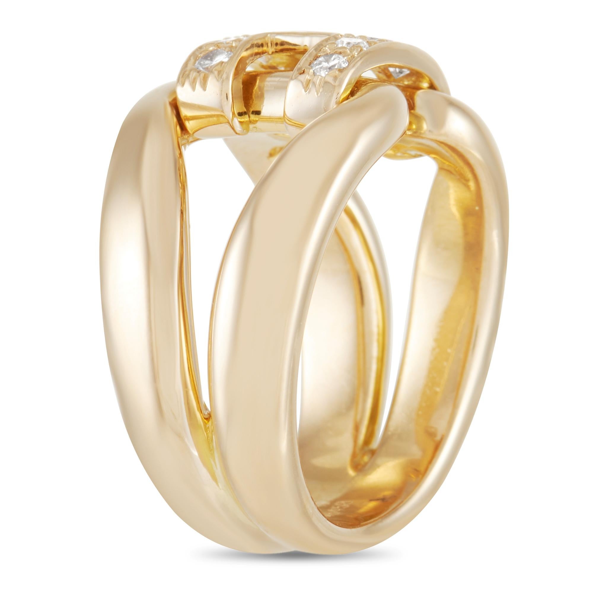 This Hermès History ring is a bold piece with a commanding presence. The luxurious 18K Yellow Gold band - which measures 9mm wide - features a negative space design for added visual impact. But the beauty of this piece lies in the central “H” that