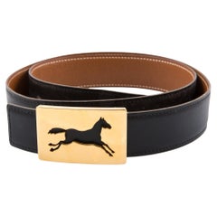 Hermes Horse Buckle Black Box Leather Belt